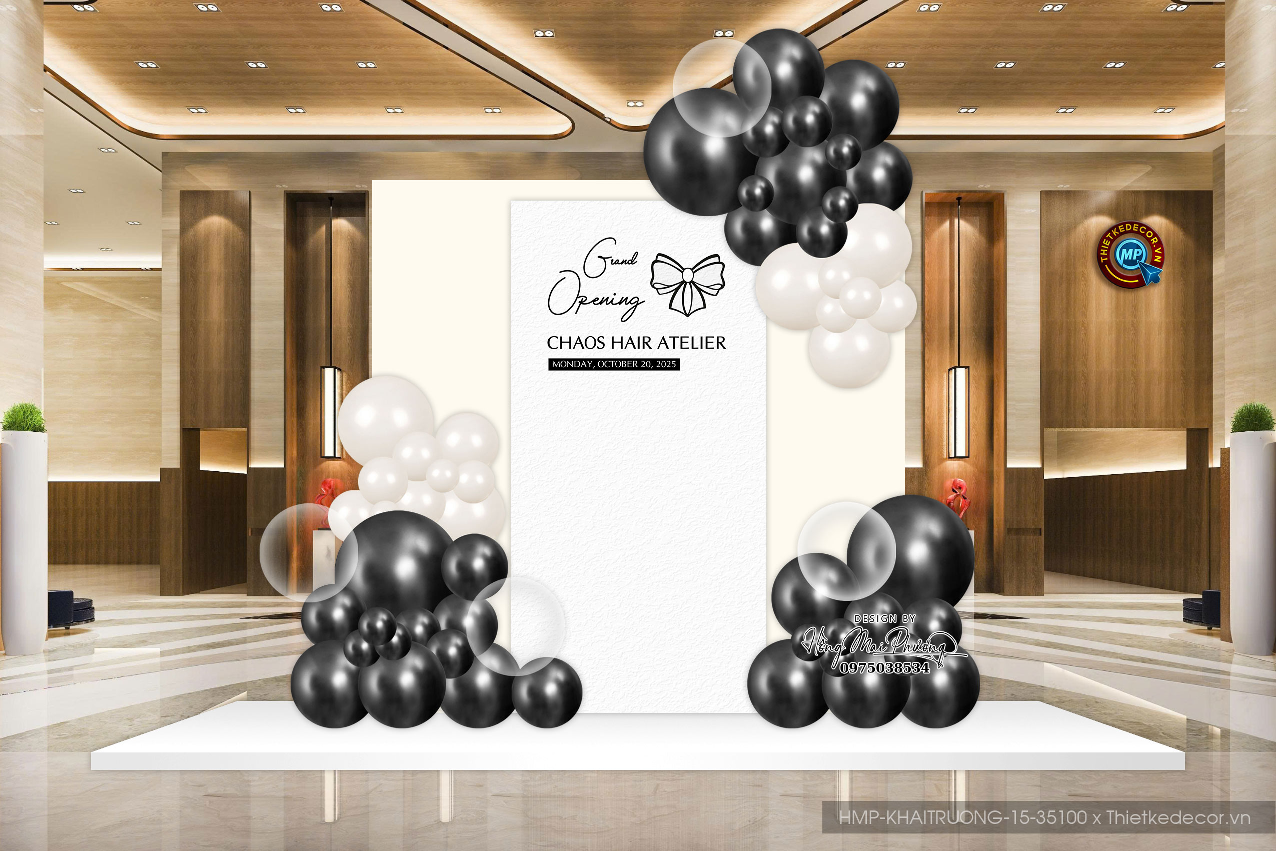 Backdrop khai trương đơn giản sang trọng toen đen trắng